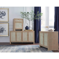 Worlds Away Four Door Cane Cabinet - Brass Hardware - Cerused Oak