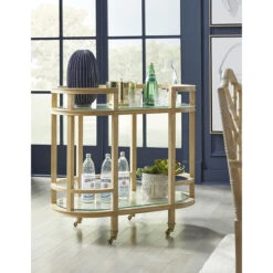 Worlds Away Oval Bar Cart - Two Natural Cane Shelves And Cerused Oak Frame