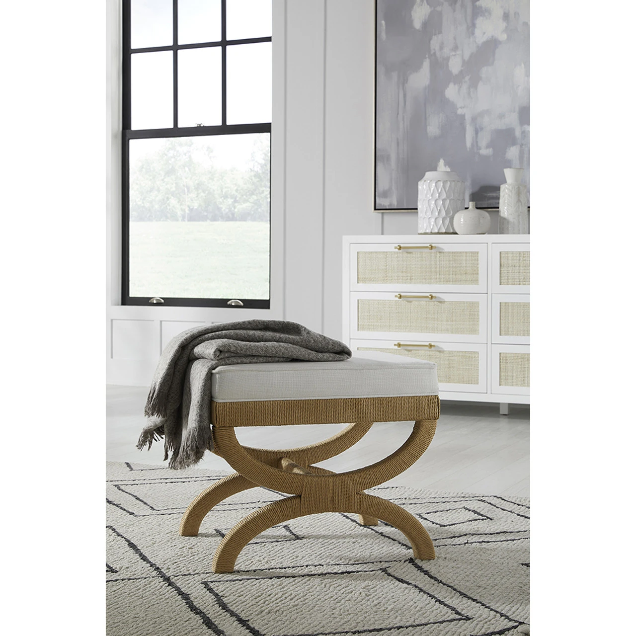 Worlds Away Natural Rope Wrapped Base Stool - White Linen Cushion 2 Worlds Away Natural Rope Wrapped Base Stool - White Linen Cushion - Image 2