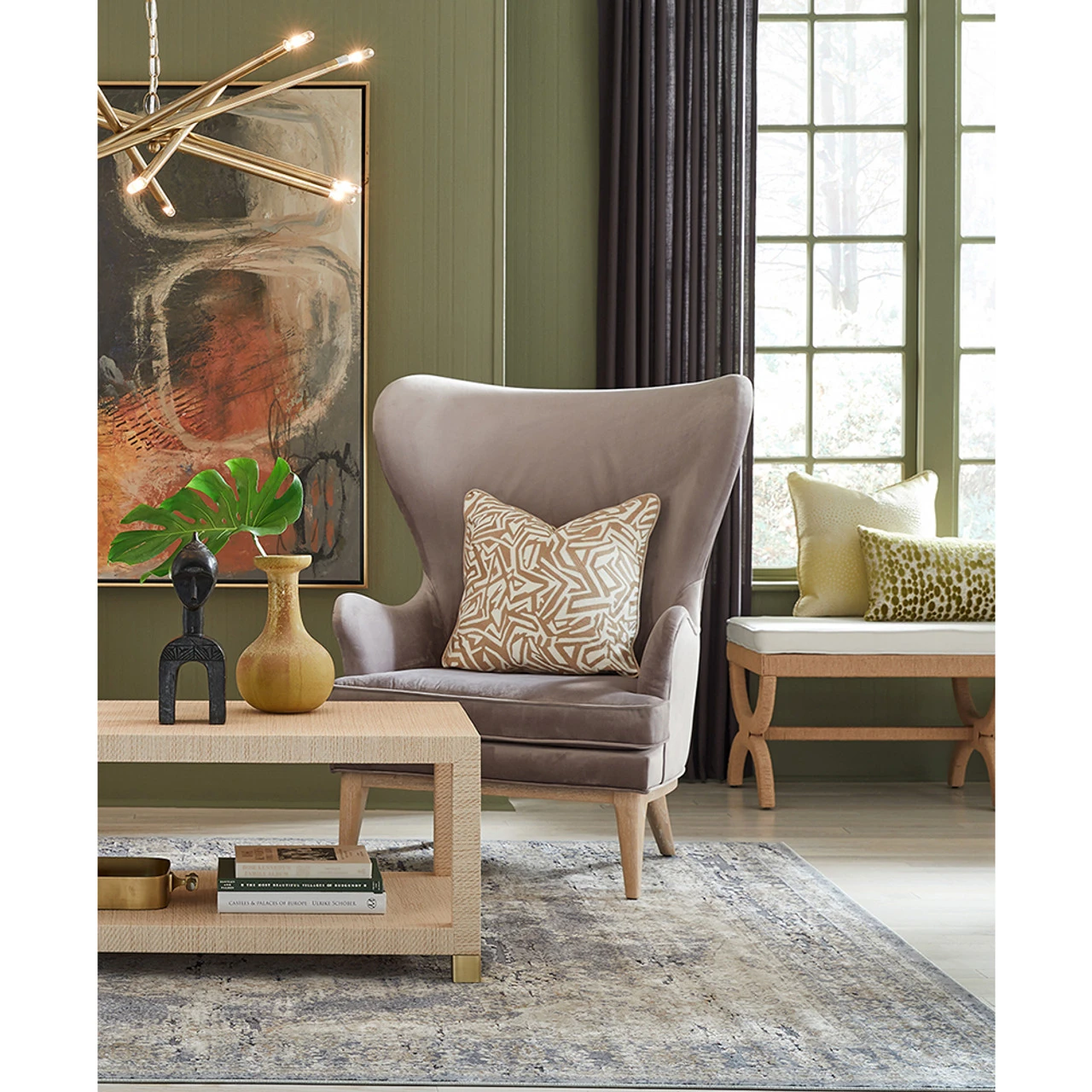 Worlds Away Coffee Table - Antique Brass Foot Caps - Natural Grasscloth 1 Worlds Away Coffee Table - Antique Brass Foot Caps - Natural Grasscloth