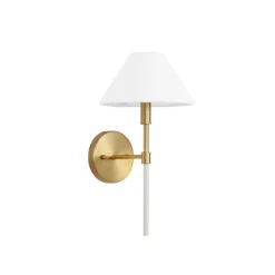 Worlds Away One Light Sconce - White Linen Coolie Shade - Brushed Brass And White Lacquer