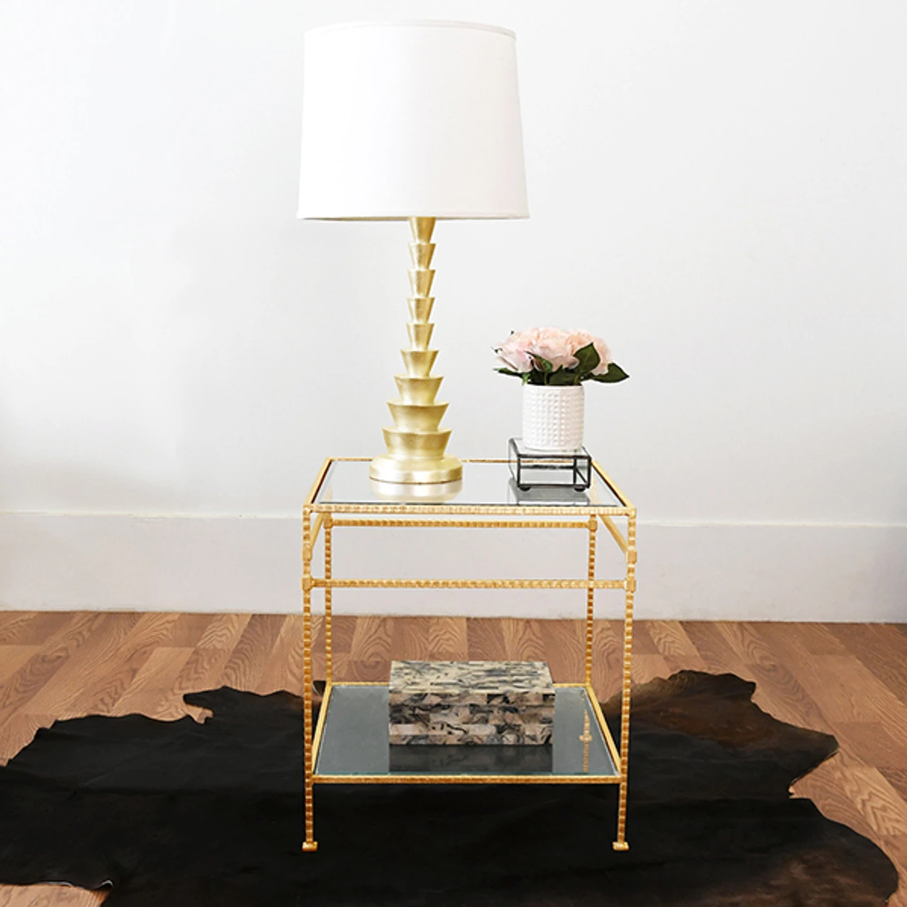 Worlds Away Two Tier Square Table - Glass Top - Hammered Gold Leaf 6 Worlds Away Two Tier Square Table - Glass Top - Hammered Gold Leaf - Image 6