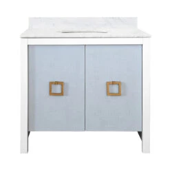 Worlds Away Bath Vanity - Textured Light Blue Linen Doors, Matte White Lacquer Surround, Ant Brass Hardware, White Marble Top, And Porcelain Sink -Worlds Away WA APRIL LB 21594.1619202358 ni 20818.1707481621