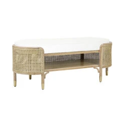 Worlds Away Oval Bench - Cerused Oak And Natural Cane - White Linen Cushion