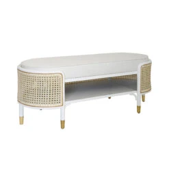 Worlds Away Oval Bench - Matte White And Natural Cane - White Linen Cushion -Worlds Away WA BEALE WH ANGLE 60655.1619202178 ni 11940.1707481627