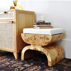 Worlds Away Biggs Burl Wood Stool With A White Linen Cushion -Worlds Away WA BIGGS BW LIFESTYLE2 96161.1603212542 ni 43596.1707478833