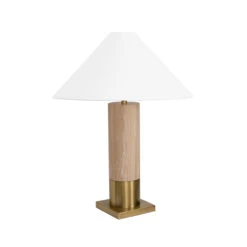 Worlds Away Brushed Brass Base Table Lamp - White Linen Coolie Shade - Cerused Oak