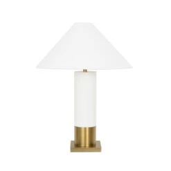 Worlds Away Brushed Brass Base Table Lamp - White Linen Coolie Shade - White Lacquer