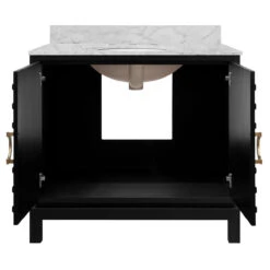 Worlds Away Bath Vanity - Matte Black Lacquer - Antique Brass Circle Hardware, White Marble Top, And Porcelain Sink -Worlds Away WA BIXBY BLK 2 OPEN 34578.1695220186 ni 53205.1707481632
