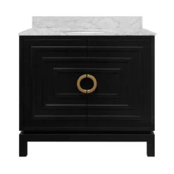 Worlds Away Bath Vanity - Matte Black Lacquer - Antique Brass Circle Hardware, White Marble Top, And Porcelain Sink -Worlds Away WA BIXBY BLK 71161.1695220188 ni 08552.1707481632
