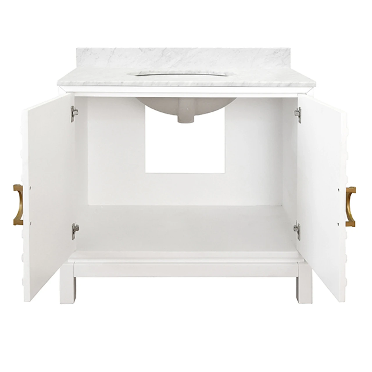 Worlds Away Bath Vanity - Matte White Lacquer - Antique Brass Circle Hardware, White Marble Top, And Porcelain Sink 2 Worlds Away Bath Vanity - Matte White Lacquer - Antique Brass Circle Hardware, White Marble Top, And Porcelain Sink - Image 2
