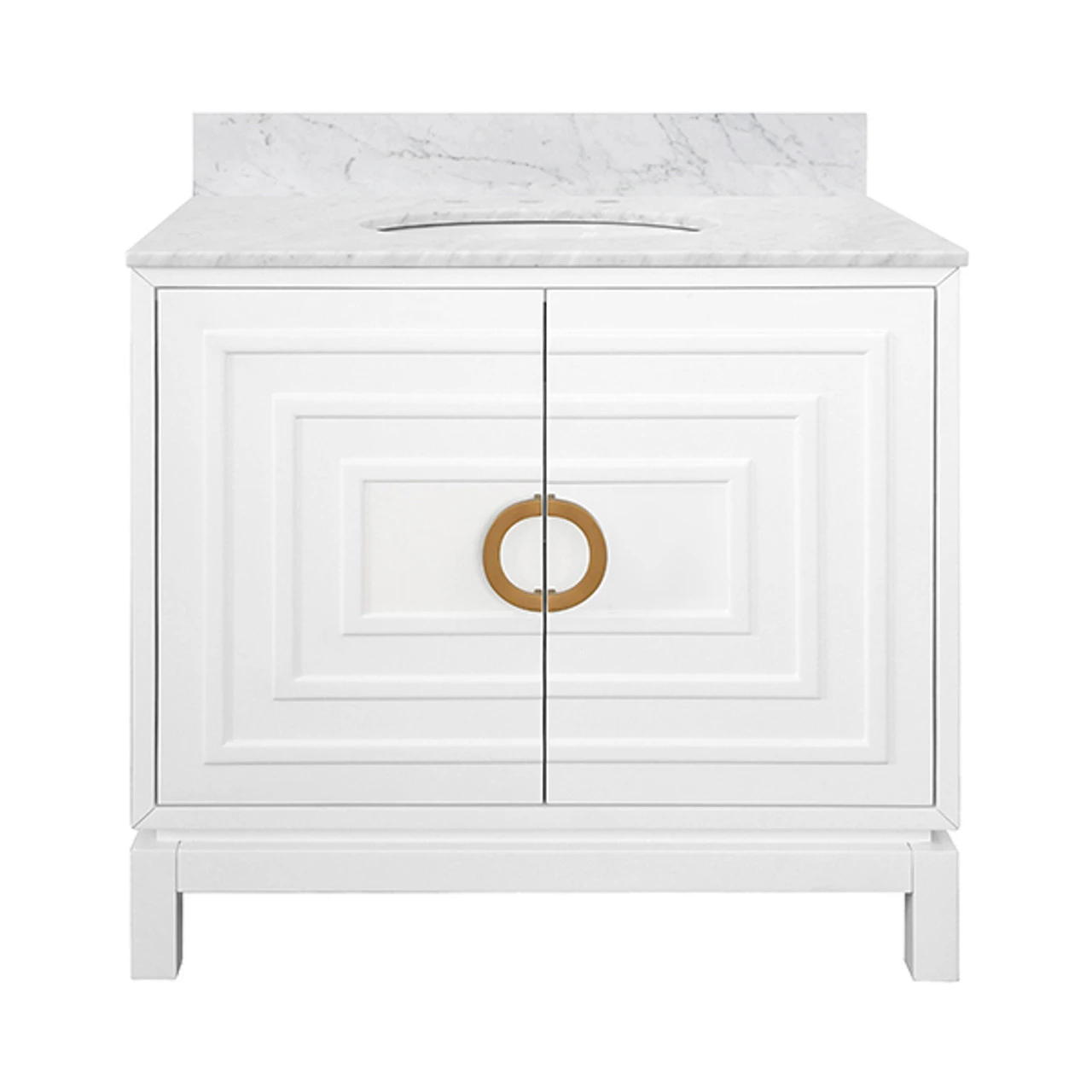 Worlds Away Bath Vanity - Matte White Lacquer - Antique Brass Circle Hardware, White Marble Top, And Porcelain Sink 6 Worlds Away Bath Vanity - Matte White Lacquer - Antique Brass Circle Hardware, White Marble Top, And Porcelain Sink - Image 6