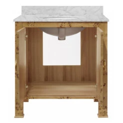 Worlds Away Bath Vanity - Burl Wood W/ Ant. Brass Hardware, White Marble Top, And Porcelain Sink -Worlds Away WA BLANCHE BW 2 OPEN 16335.1695220126 ni 19887.1707481635