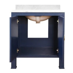 Worlds Away Bath Vanity - Textured Navy Linen W/ Ant. Brass Hardware, White Marble Top, And Porcelain Sink -Worlds Away WA BLANCHE NVY INTERIOR 79715.1601673839 ni 24130.1707481636