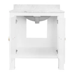 Worlds Away Bath Vanity - Textured White Linen W/ Ant. Brass Hardware, White Marble Top, And Porcelain Sink -Worlds Away WA BLANCHE WH INTERIOR 69922.1601673791 ni 82453.1707481636