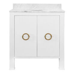 Worlds Away Bath Vanity - Textured White Linen W/ Ant. Brass Hardware, White Marble Top, And Porcelain Sink -Worlds Away WA BLANCHE WH 98060.1601673796 ni 83193.1707481636