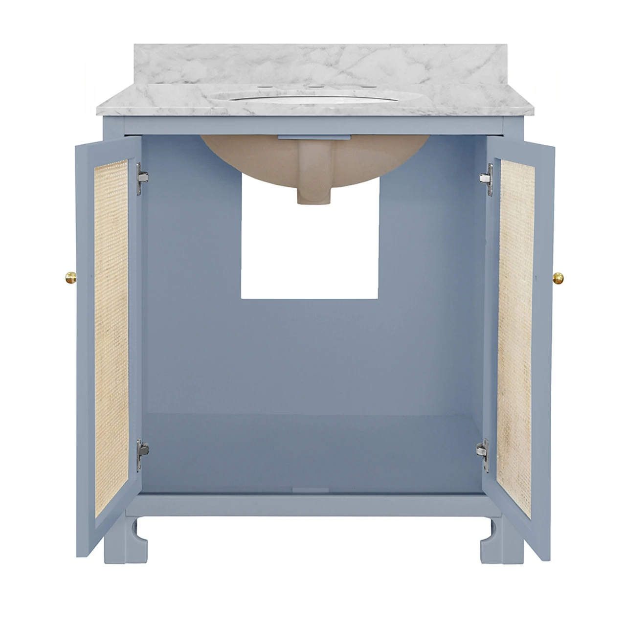 Worlds Away Bath Vanity - Matte Light Blue Lacquer - Cane Front Doors, White Marble Top, Porcelain Sink, And Polished Brass Knobs 5 Worlds Away Bath Vanity - Matte Light Blue Lacquer - Cane Front Doors, White Marble Top, Porcelain Sink, And Polished Brass Knobs - Image 5