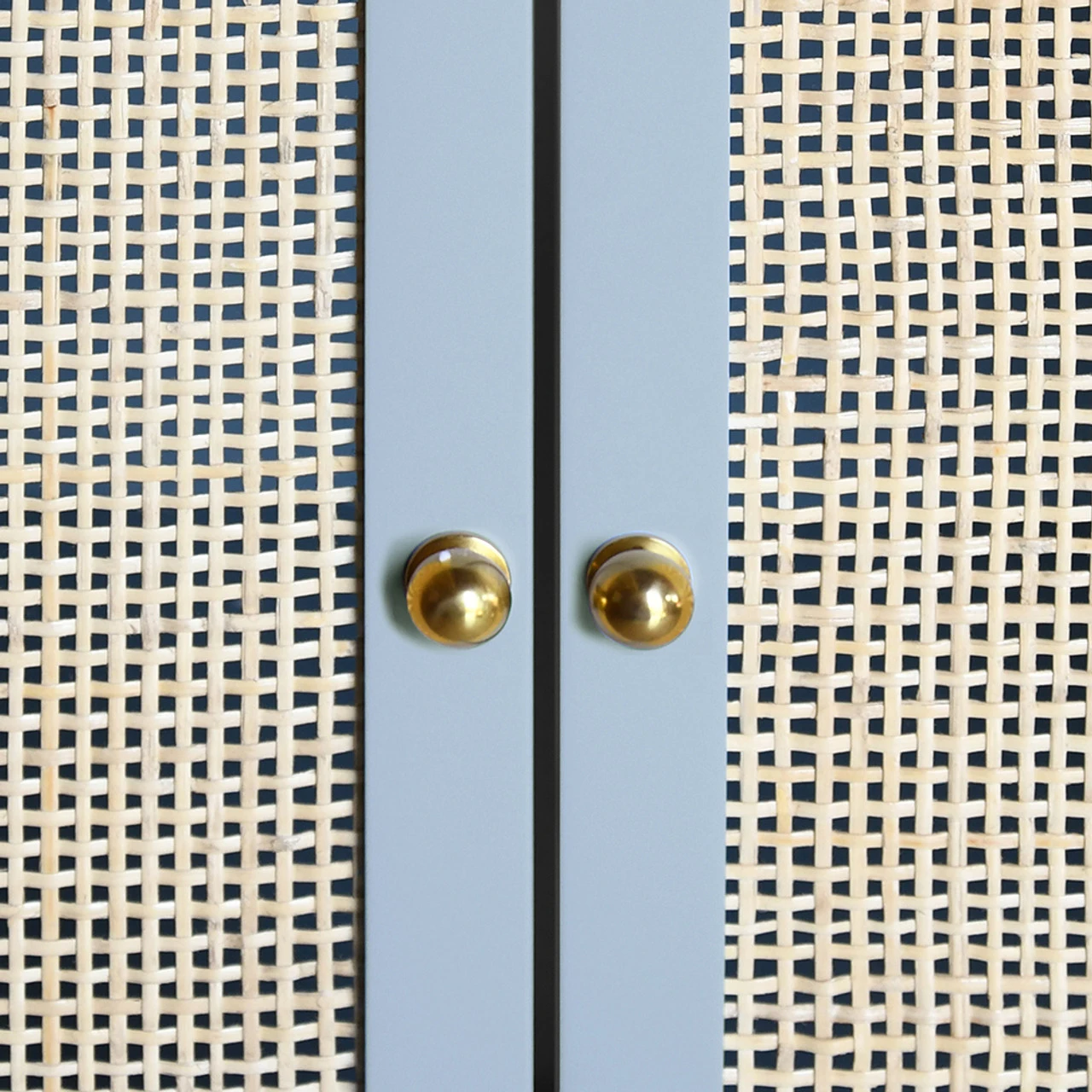 Worlds Away Bath Vanity - Matte Light Blue Lacquer - Cane Front Doors, White Marble Top, Porcelain Sink, And Polished Brass Knobs 6 Worlds Away Bath Vanity - Matte Light Blue Lacquer - Cane Front Doors, White Marble Top, Porcelain Sink, And Polished Brass Knobs - Image 6