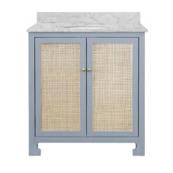 Worlds Away Bath Vanity - Matte Light Blue Lacquer - Cane Front Doors, White Marble Top, Porcelain Sink, And Polished Brass Knobs