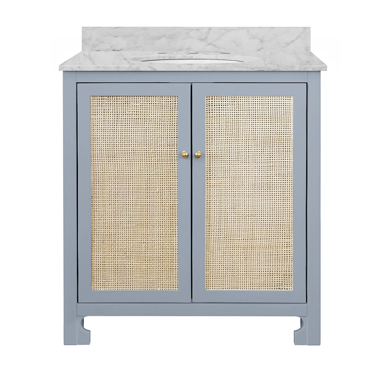 Worlds Away Bath Vanity - Matte Light Blue Lacquer - Cane Front Doors, White Marble Top, Porcelain Sink, And Polished Brass Knobs 1 Worlds Away Bath Vanity - Matte Light Blue Lacquer - Cane Front Doors, White Marble Top, Porcelain Sink, And Polished Brass Knobs