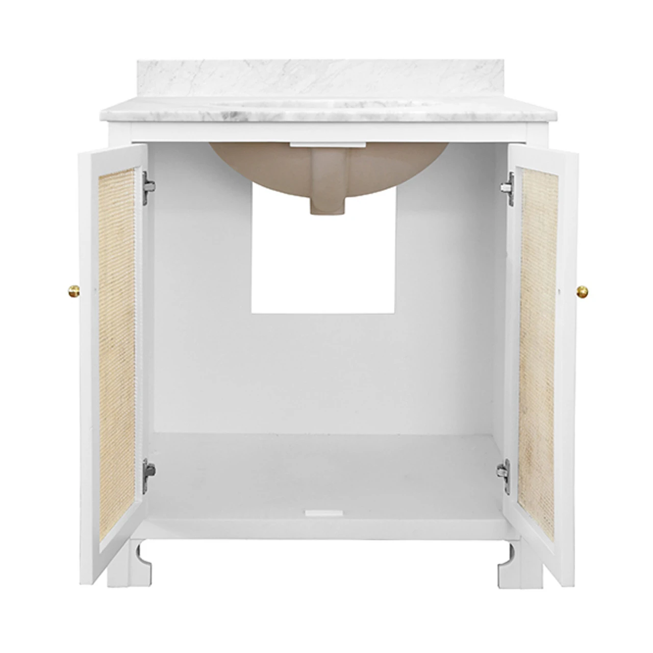 Worlds Away Bath Vanity - Matte White Lacquer - Cane Front Doors, White Marble Top, And Porcelain Sink 6 Worlds Away Bath Vanity - Matte White Lacquer - Cane Front Doors, White Marble Top, And Porcelain Sink - Image 6