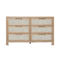 Worlds Away Six Drawer Cane Front Chest - Brass Hardware - Cerused Oak Finish