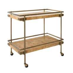 Worlds Away Antique Brass Bar Cart - Shelves - Burl Wood