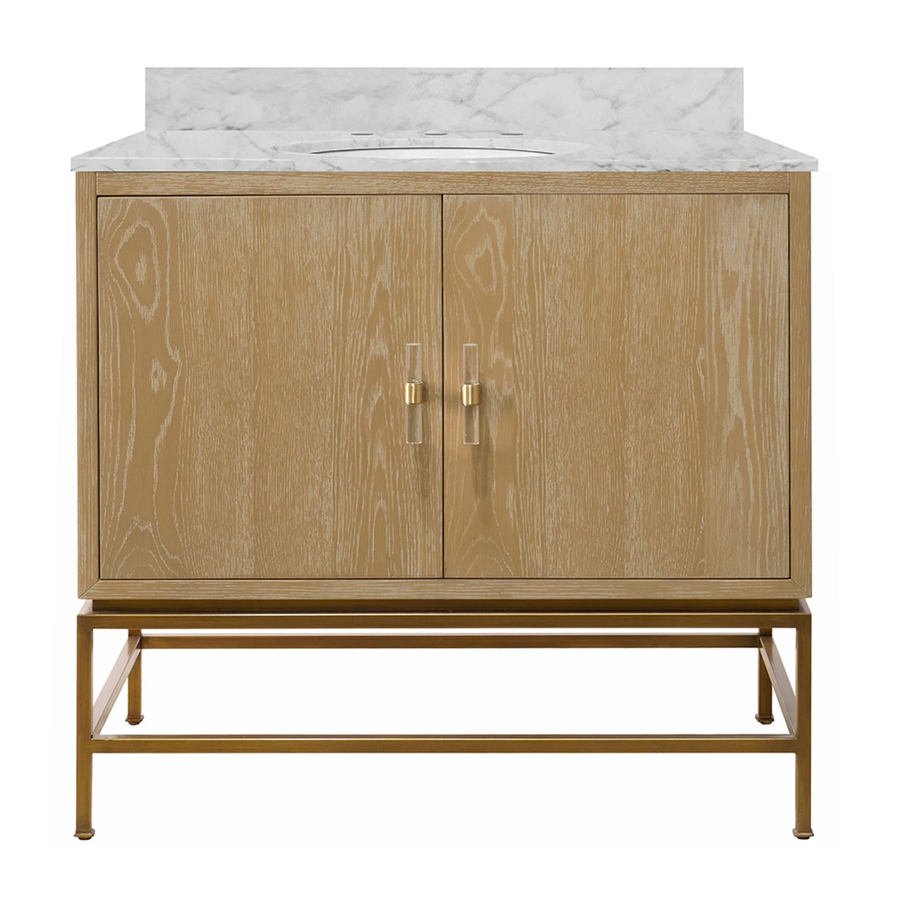 Worlds Away Bath Vanity - Cerused Oak And Antique Brass - White Marble Top And Porcelain Sink - Lucite And Antique Brass Pulls 2 Worlds Away Bath Vanity - Cerused Oak And Antique Brass - White Marble Top And Porcelain Sink - Lucite And Antique Brass Pulls - Image 2