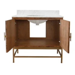 Worlds Away Bath Vanity - Matte Dark Burl Wood And Antique Brass - White Marble Top And Porcelain Sink