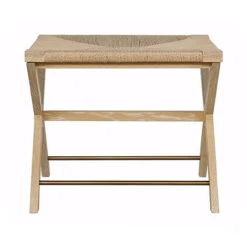 Worlds Away Rush Seat X Side Stool - Antique Brass Stretcher - Cerused Oak