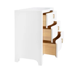 Worlds Away Curved Front Chest - Three Drawers - White Textured Linen - Satin Brass Ring Hardware -Worlds Away WA CORA WH ANGLE OPEN 86894.1695066626 ni 85264.1707481675