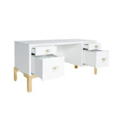 Worlds Away Four Drawer Desk - White Lacquer - Brass Base -Worlds Away WA COSBY WH ANGLE OPEN 91509.1625150244 ni 28851.1707481678