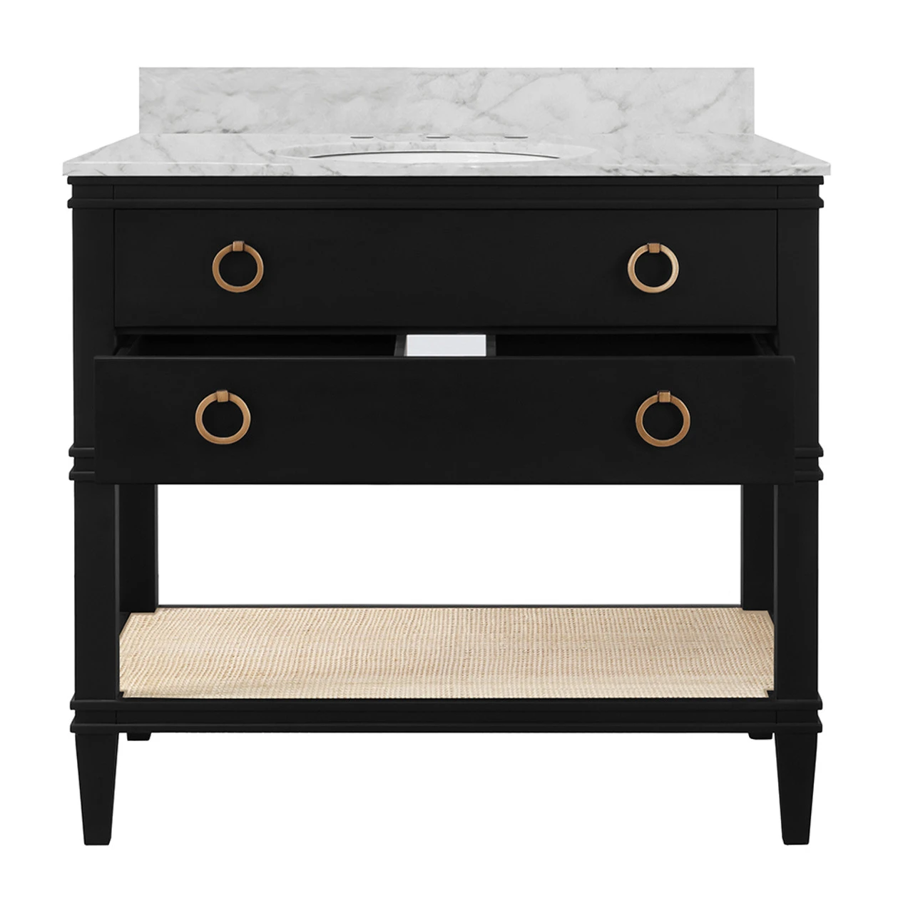 Worlds Away Bath Vanity - Matte Black Lacquer - Open Cane Shelf, White Marble Top, Porcelain Sink, And Antique Brass Ring Hardware 10 Worlds Away Bath Vanity - Matte Black Lacquer - Open Cane Shelf, White Marble Top, Porcelain Sink, And Antique Brass Ring Hardware - Image 10