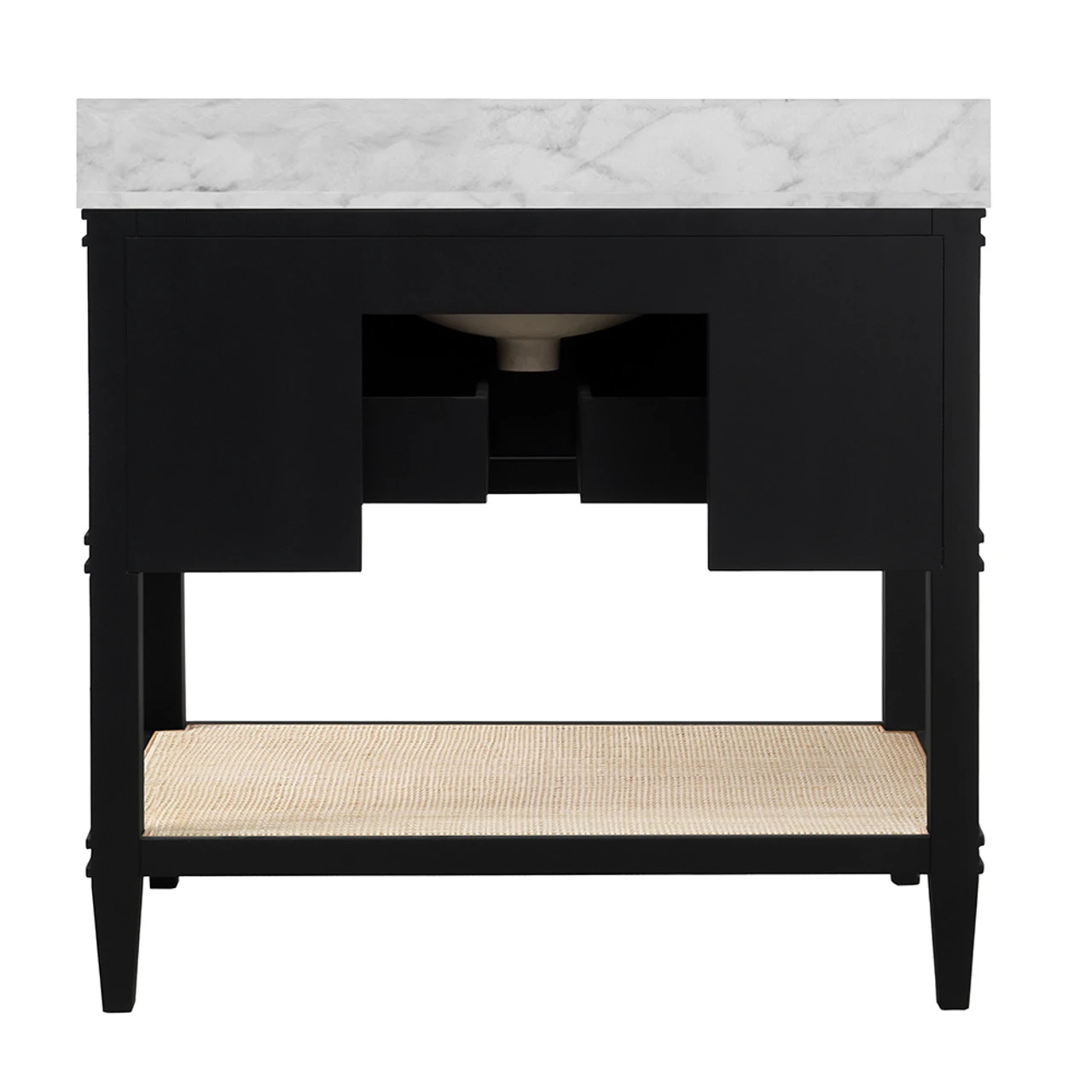 Worlds Away Bath Vanity - Matte Black Lacquer - Open Cane Shelf, White Marble Top, Porcelain Sink, And Antique Brass Ring Hardware 6 Worlds Away Bath Vanity - Matte Black Lacquer - Open Cane Shelf, White Marble Top, Porcelain Sink, And Antique Brass Ring Hardware - Image 6