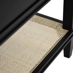 Worlds Away Bath Vanity - Matte Black Lacquer - Open Cane Shelf, White Marble Top, Porcelain Sink, And Antique Brass Ring Hardware