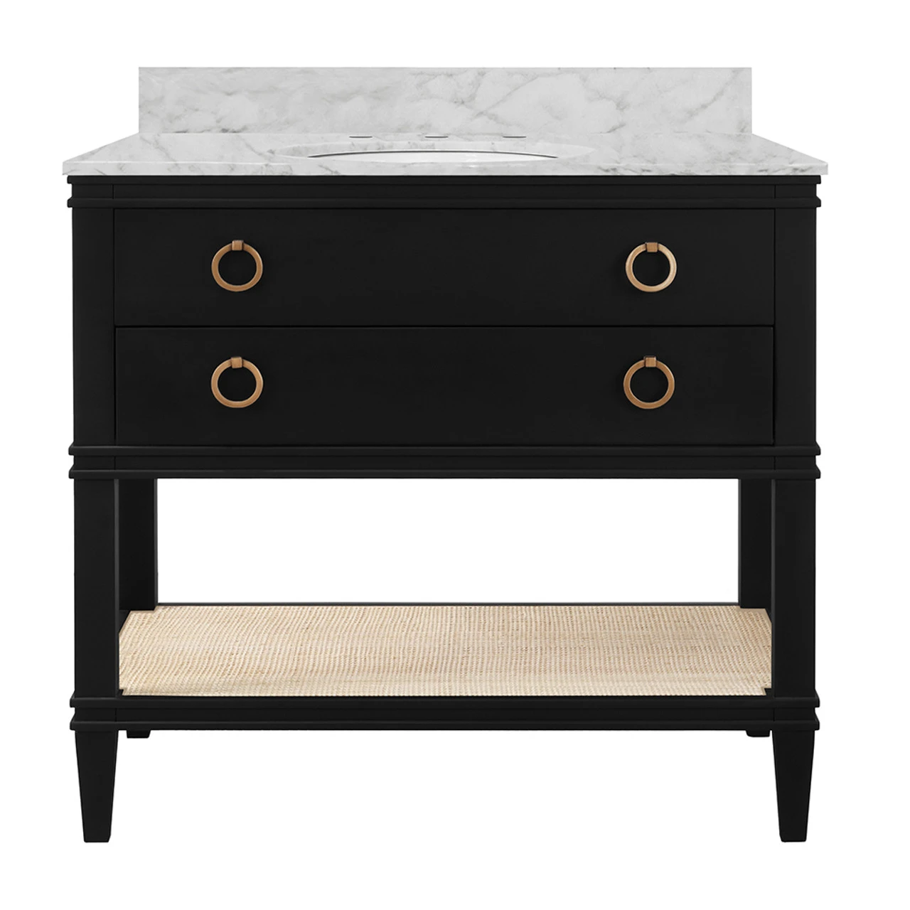 Worlds Away Bath Vanity - Matte Black Lacquer - Open Cane Shelf, White Marble Top, Porcelain Sink, And Antique Brass Ring Hardware 9 Worlds Away Bath Vanity - Matte Black Lacquer - Open Cane Shelf, White Marble Top, Porcelain Sink, And Antique Brass Ring Hardware - Image 9