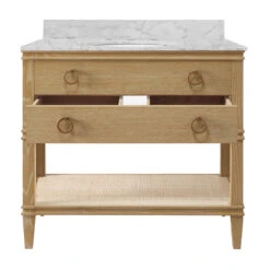 Worlds Away Bath Vanity - Cerused Oak - Open Cane Shelf, White Marble Top, Porcelain Sink, And Antique Brass Ring Hardware -Worlds Away WA CUTLER CO 2 OPEN 43303.1695066501 ni 34141.1707481682