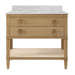 Worlds Away Bath Vanity - Cerused Oak - Open Cane Shelf, White Marble Top, Porcelain Sink, And Antique Brass Ring Hardware -Worlds Away WA CUTLER CO 24026.1695066509 ni 09797.1707481682