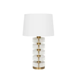 Worlds Away Acrylic And Brushed Brass Stack Lamp - White Linen Shade -Worlds Away WA CYBILL BBR 84930.1681317406 ni 42918.1707481683