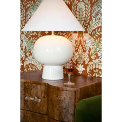Worlds Away Bulb Shape Ceramic Table Lamp - White Linen Coolie Shade - White