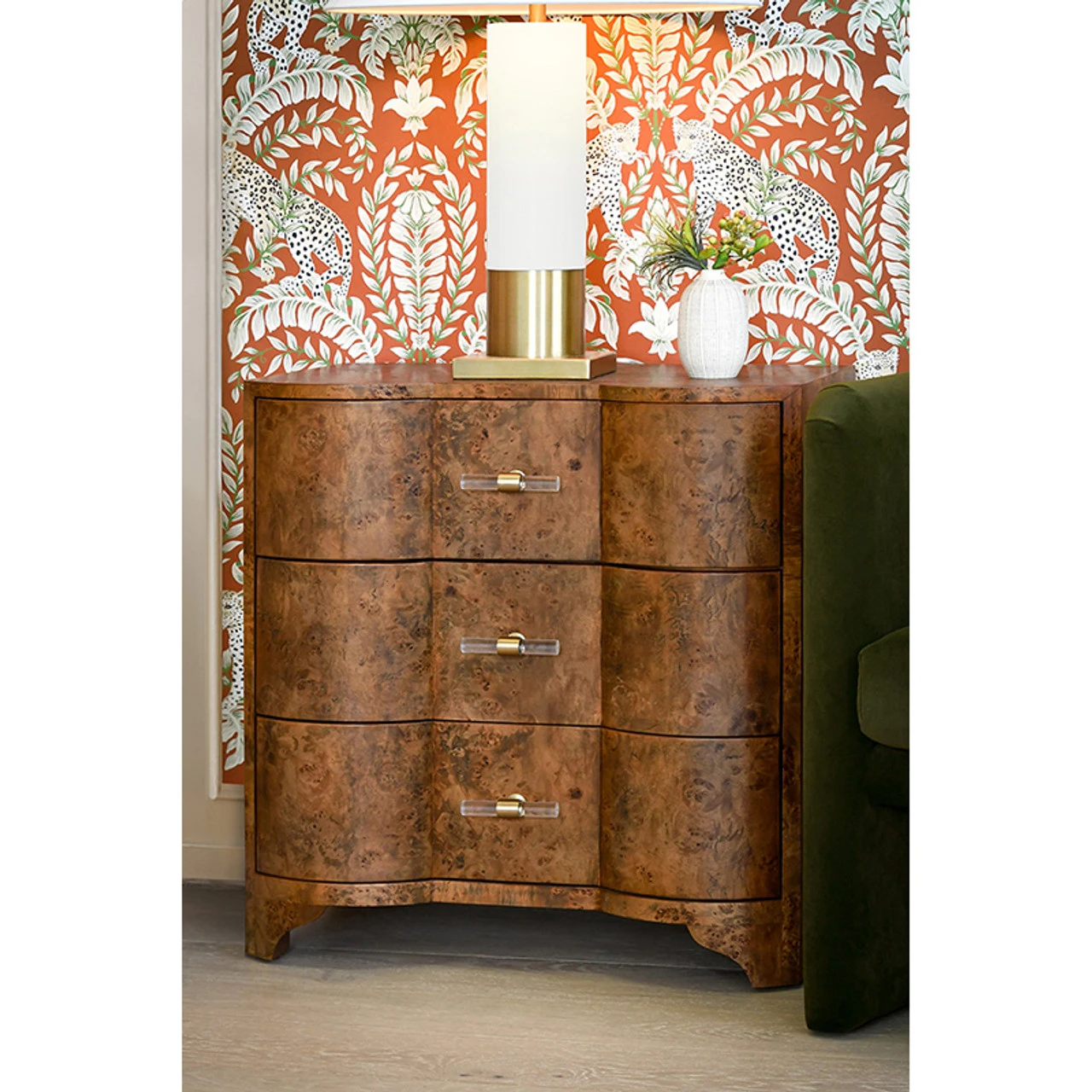 Worlds Away Three Drawer Side Table - Dark Burl Wood - Acrylic Hardware - Image 2