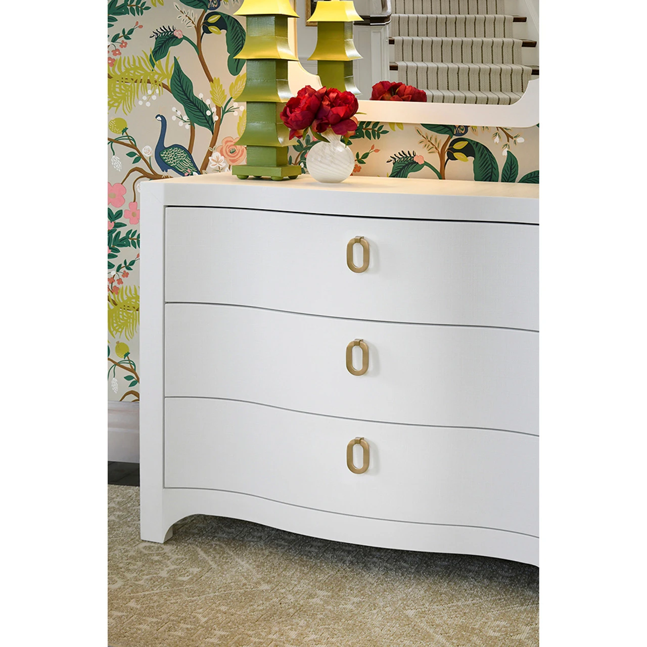 Worlds Away Curved Front Chest - Three Drawers - White Textured Linen - Satin Brass Ring Hardware - Image 2