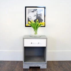 Worlds Away Side Table, Grey Cerused Oak Case/White Drwr/Includes Brass & Nickel Hrdwr Options W Acrylic Rod