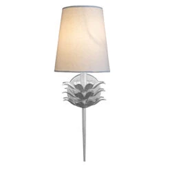 Worlds Away Delilah Silver Leaf One Arm Sconce With 3 Layer Leaf Motif & White Linen Shade