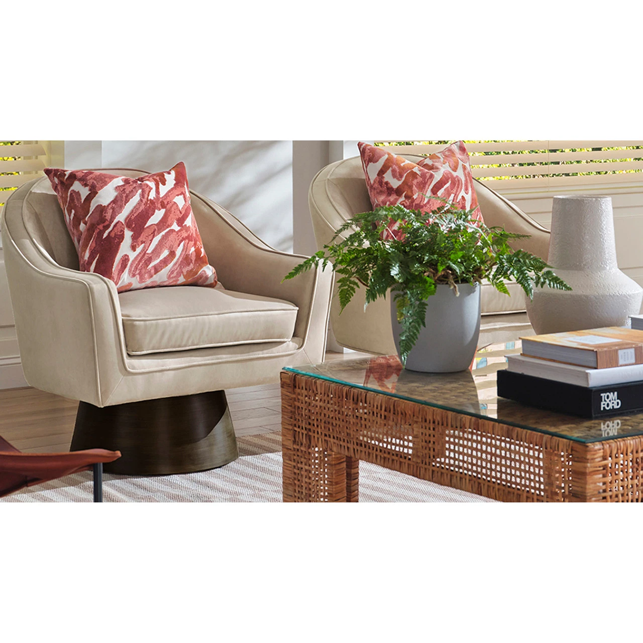 Worlds Away Wide Leg Rattan Coffee Table - Glass Top - Image 10
