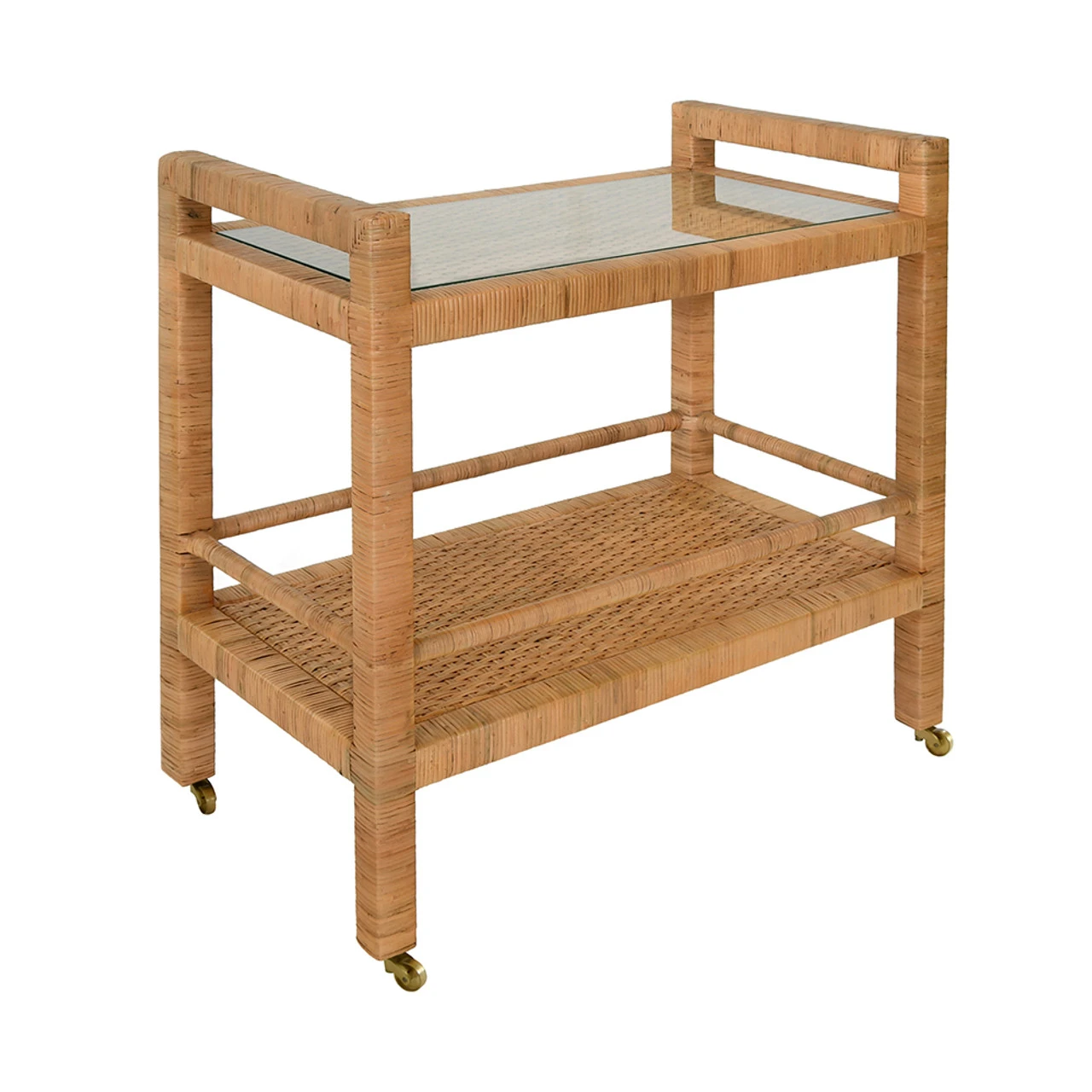 Worlds Away Two Tier Rectangle Bar Cart - Natural Rattan - Brass Casters 2 Worlds Away Two Tier Rectangle Bar Cart - Natural Rattan - Brass Casters - Image 2
