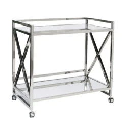 Worlds Away Gerard Polished Stainless "X" Bar Cart With Mirrored Tops