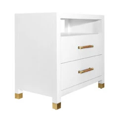 Worlds Away Two Drawer Side Table - Rattan Wrapped Handles - Matte White Lacquer