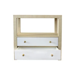 Worlds Away Hattie Side Table - Grasscloth/White Lacquer/Brass Hardware
