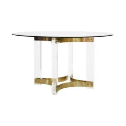 Worlds Away Acrylic Dining Table Base - Antique Brass Stretchers And 48" Dia Glass